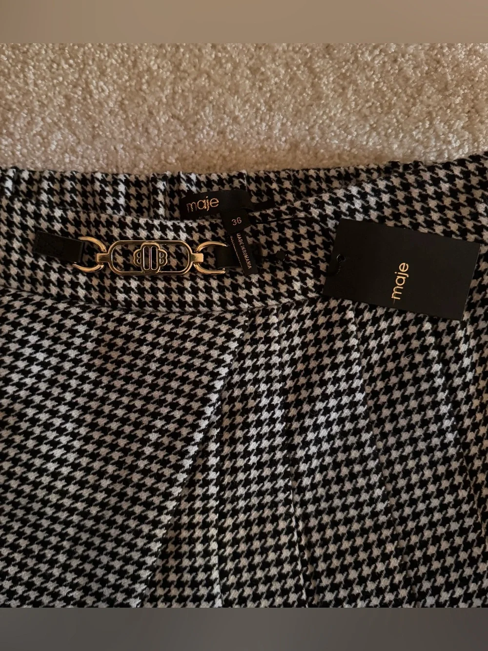 Maje Black and White Houndstooth Pleated Skort with Chain Detail - Picture 7 of 12